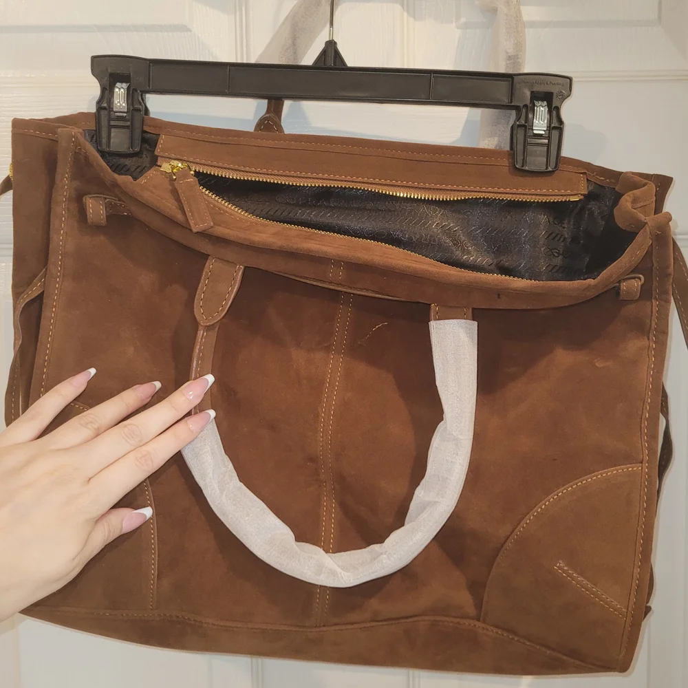 Prada Brown Suede Briefcase Tote with Gold Logo - Picture 2 of 5